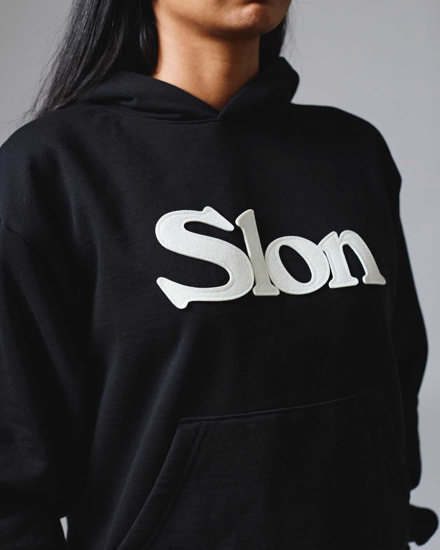Slon Patched Classic Logo Mid-Weight Wide Hoodie - Black