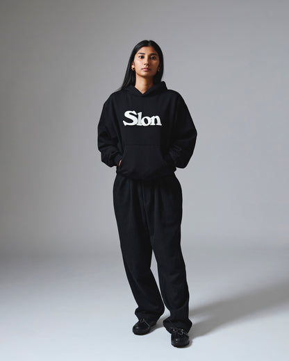 Slon Patched Classic Logo Mid-Weight Wide Hoodie - Black