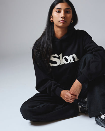 Slon Patched Classic Logo Mid-Weight Wide Hoodie - Black