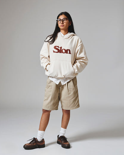 Slon Patched Classic Logo Mid-Weight Wide Hoodie - Creme