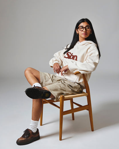 Slon Patched Classic Logo Mid-Weight Wide Hoodie - Creme